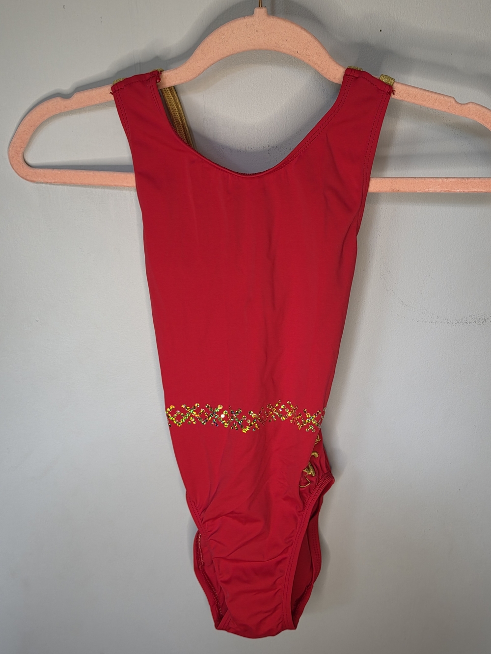 GK Elite Simone Biles Red Gold Rhinestone Gymnastics Leotard See Measurements